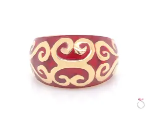 Vintage Designer MAZ Large Red Enameled Dome Ring in 14k Yellow Gold