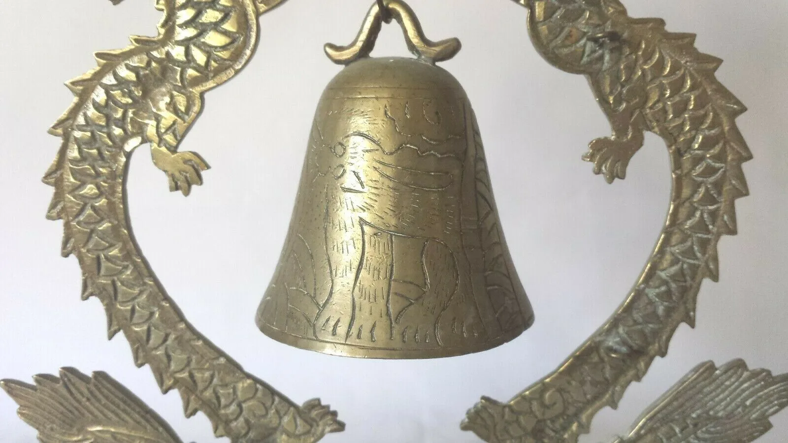 Vintage Engraved Chinese Dragon Brass Hanging Bell 10.5"