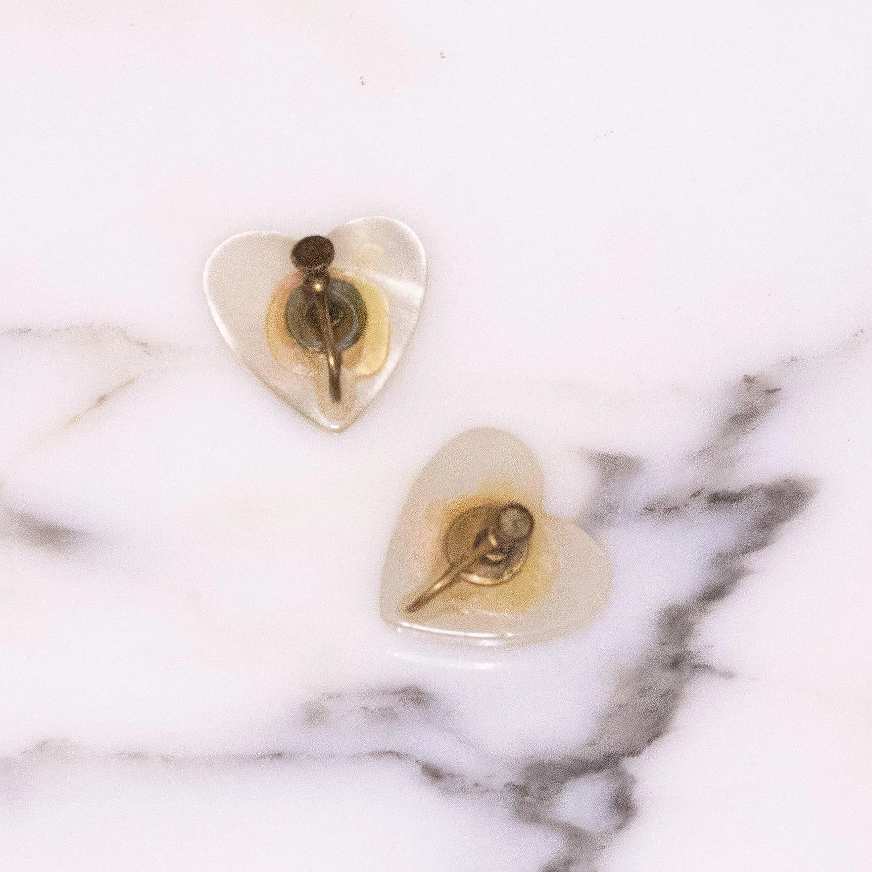 Vintage Heart Shaped White Moonglow Lucite Plastic with Floral Design Earrings