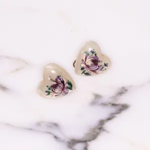 Vintage Heart Shaped White Moonglow Lucite Plastic with Floral Design Earrings