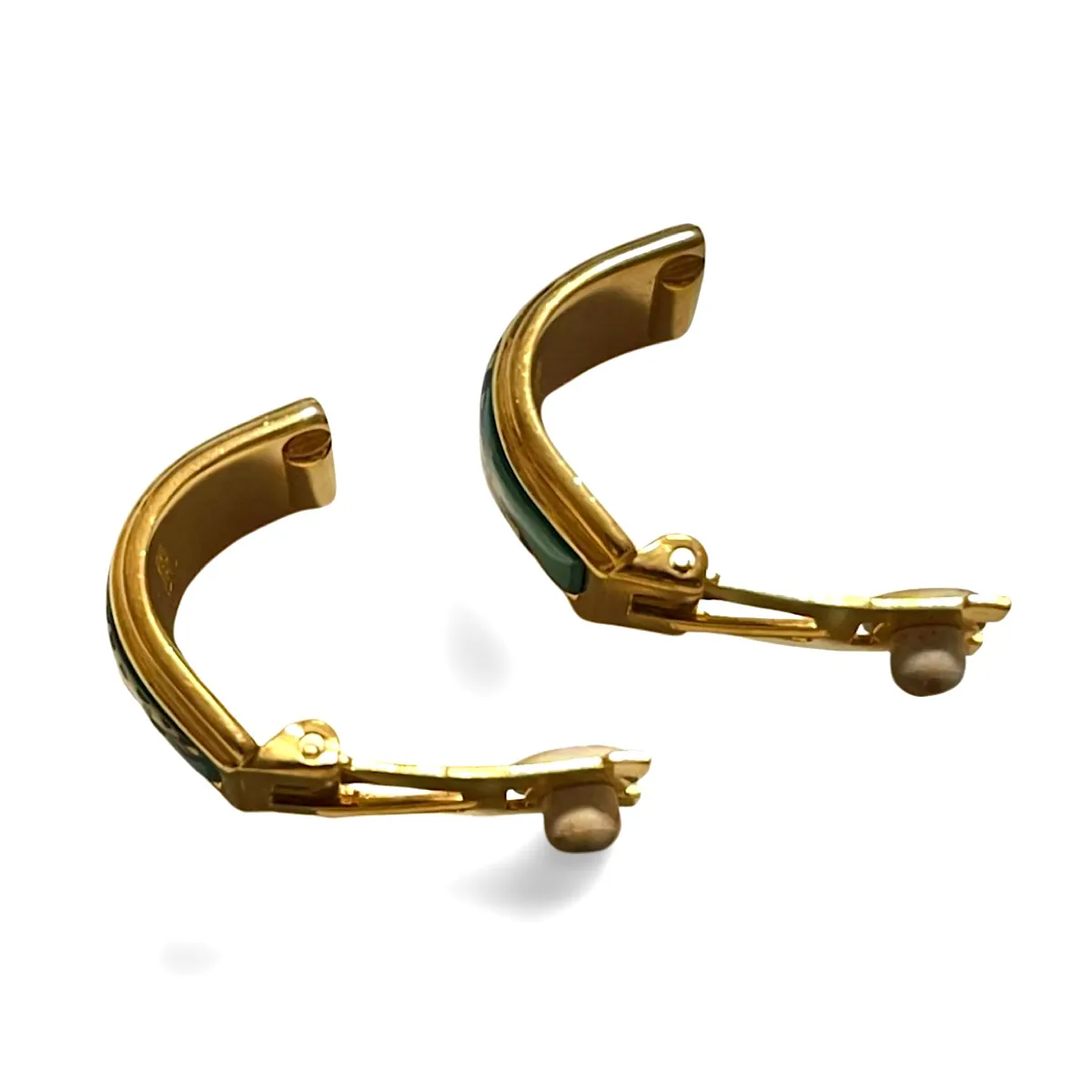 Vintage Hermes cloisonne enamel golden earrings with panther, leopard, cheetah face design. Classic Hermes jewelry. Green. 061224ac2