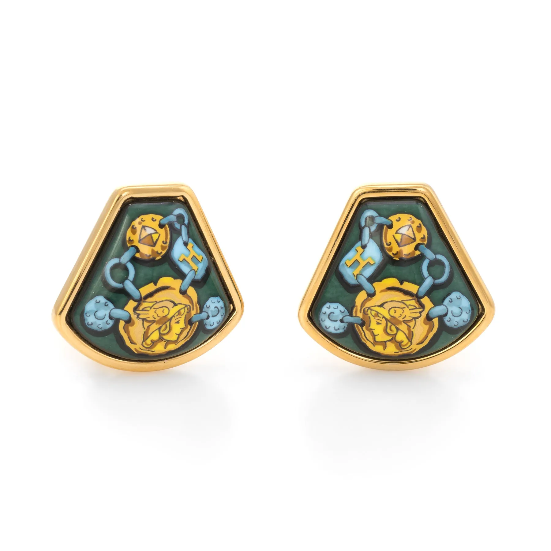 Vintage Hermes Enamel Clip Earrings Female Gladiator Green Yellow Gold Tone