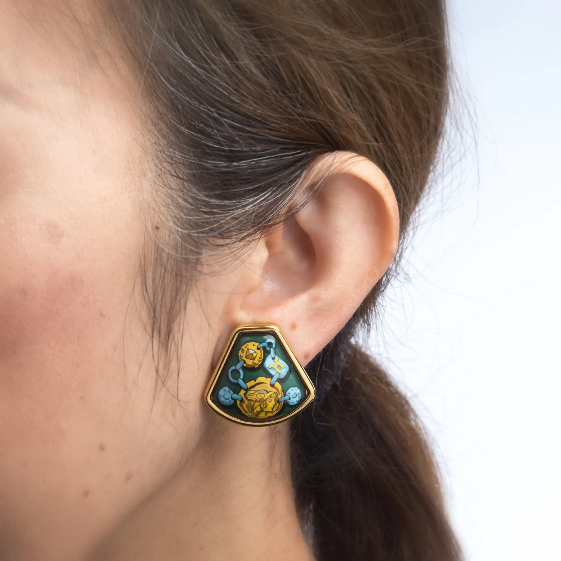 Vintage Hermes Enamel Clip Earrings Female Gladiator Green Yellow Gold Tone