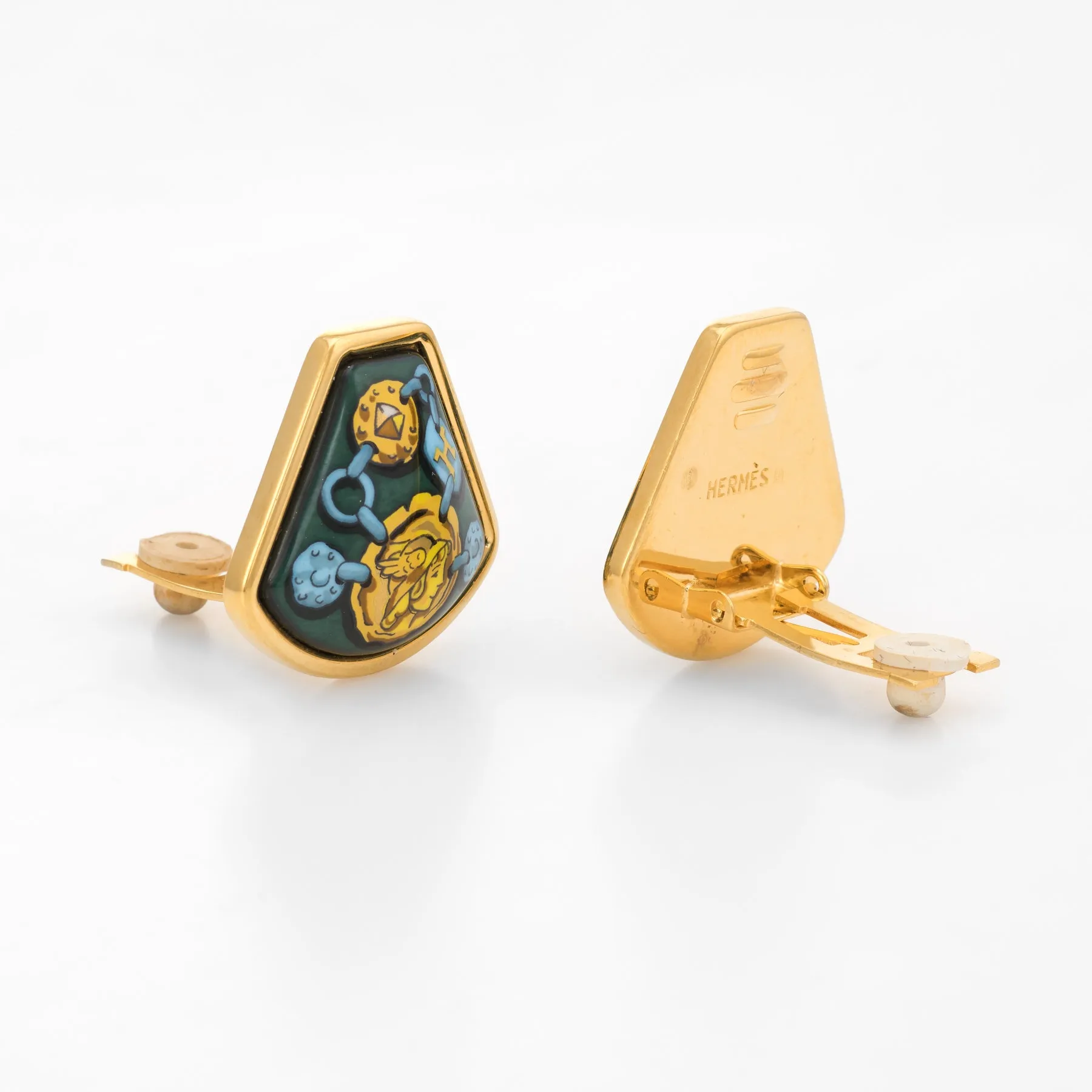 Vintage Hermes Enamel Clip Earrings Female Gladiator Green Yellow Gold Tone