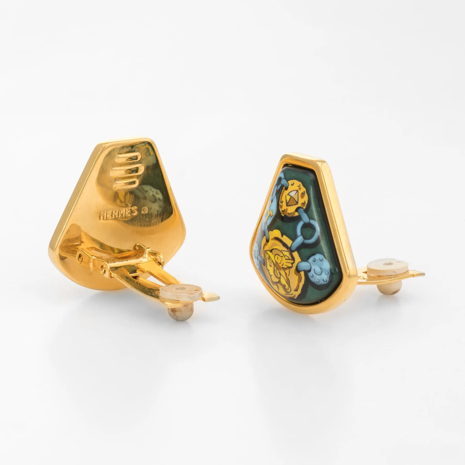 Vintage Hermes Enamel Clip Earrings Female Gladiator Green Yellow Gold Tone
