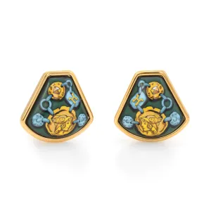 Vintage Hermes Enamel Clip Earrings Female Gladiator Green Yellow Gold Tone