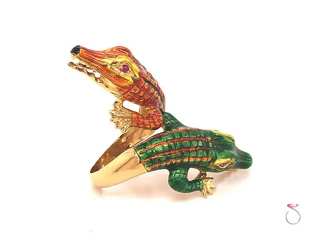 Vintage Large Enameled Alligator Ring in 18k Yellow Gold & Rubies. Rare 1960's