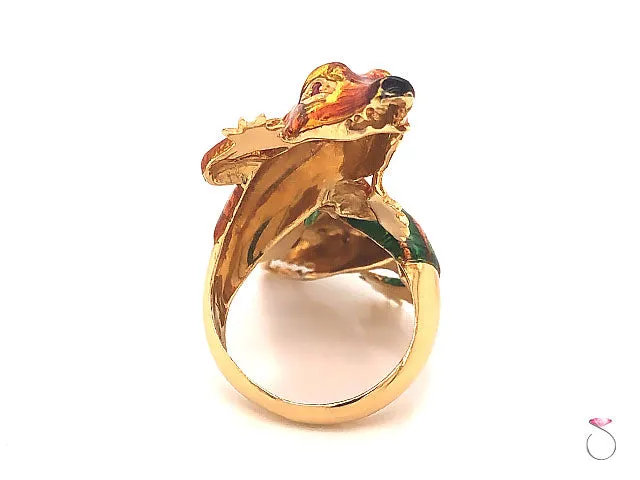 Vintage Large Enameled Alligator Ring in 18k Yellow Gold & Rubies. Rare 1960's