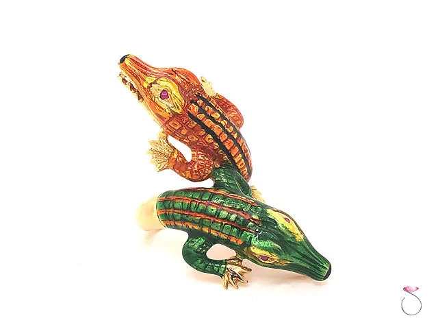 Vintage Large Enameled Alligator Ring in 18k Yellow Gold & Rubies. Rare 1960's