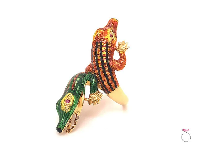 Vintage Large Enameled Alligator Ring in 18k Yellow Gold & Rubies. Rare 1960's