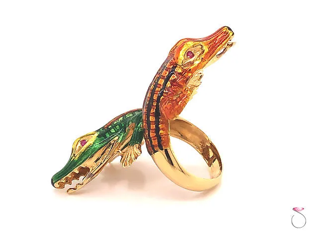 Vintage Large Enameled Alligator Ring in 18k Yellow Gold & Rubies. Rare 1960's