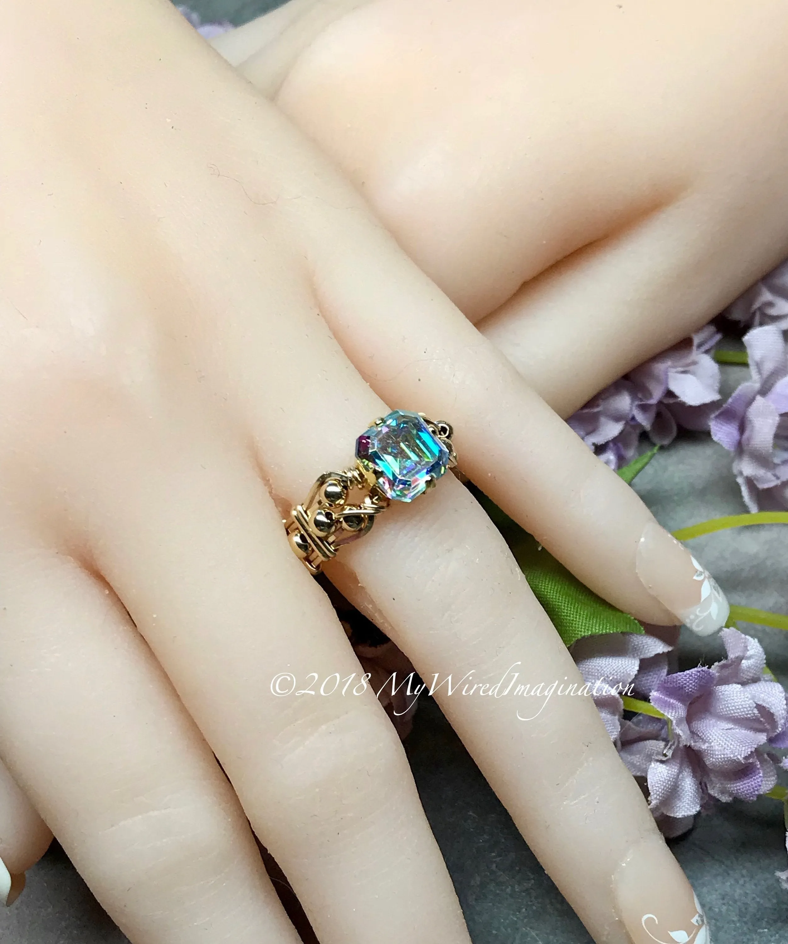 Vintage Swarovski Double Cut Crystal AB, Handmade Ring in 14K GF US Size 6