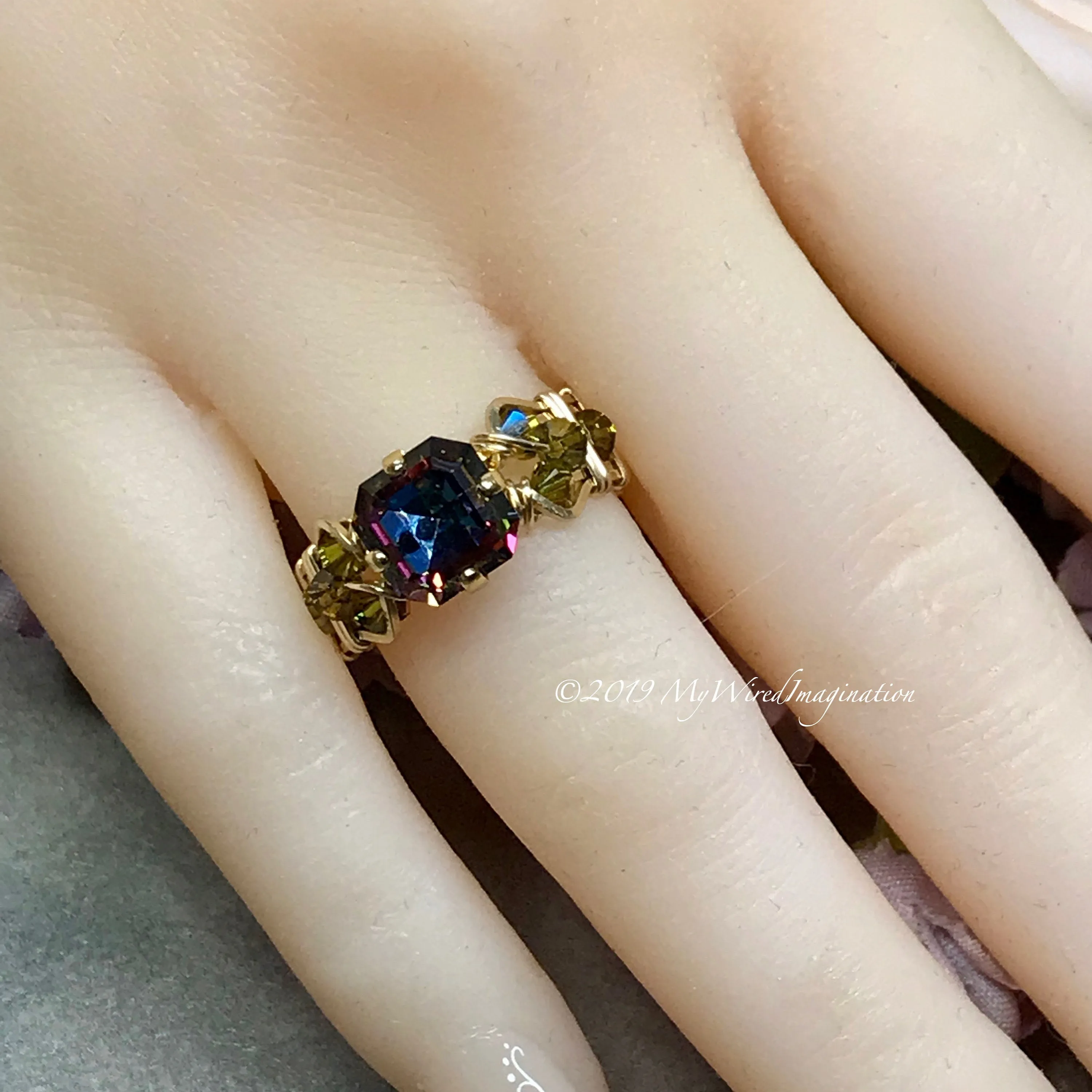Vitrail Dark Handmade Ring, Rare Vintage Double Cut Square 14K GF, US Size 5