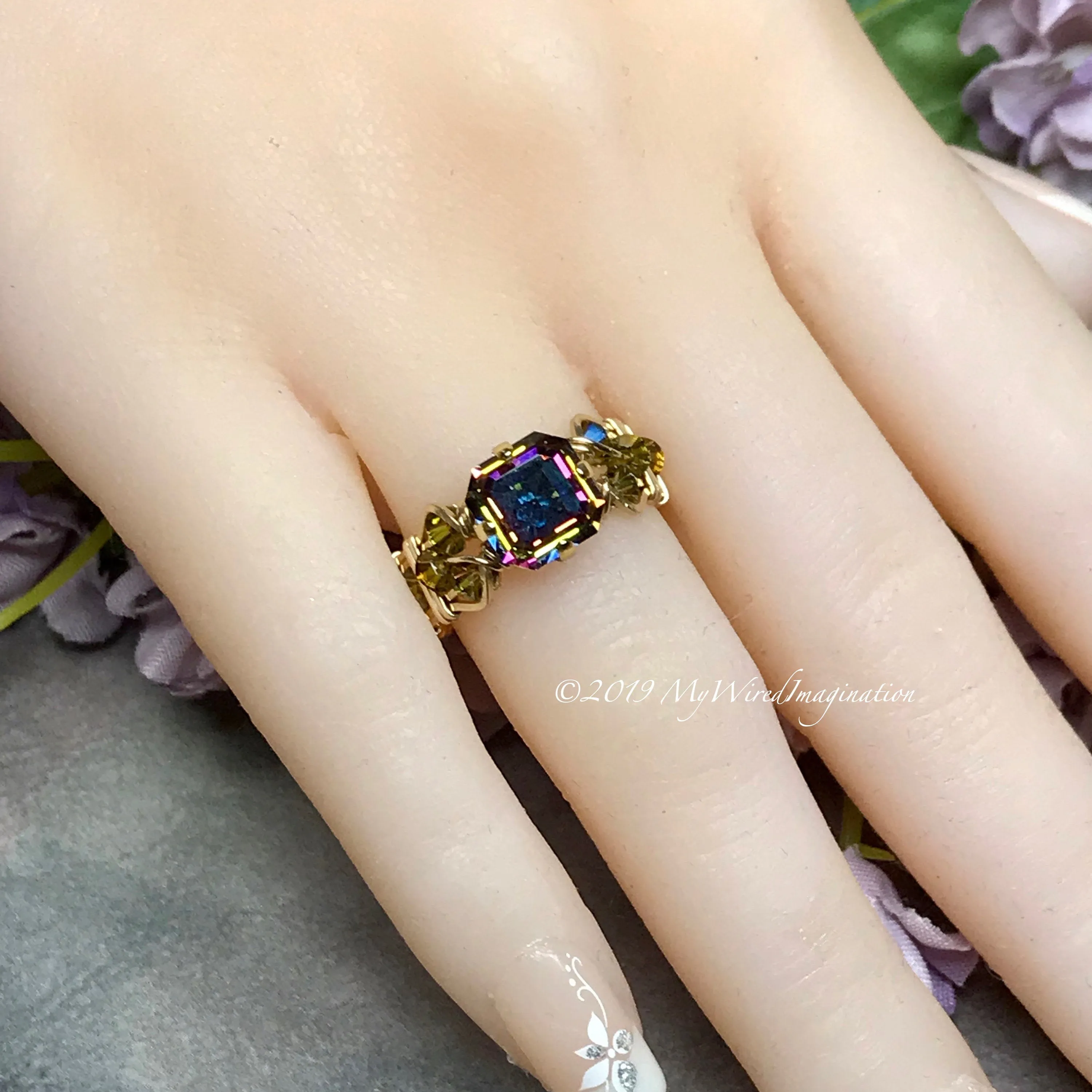 Vitrail Dark Handmade Ring, Rare Vintage Double Cut Square 14K GF, US Size 5