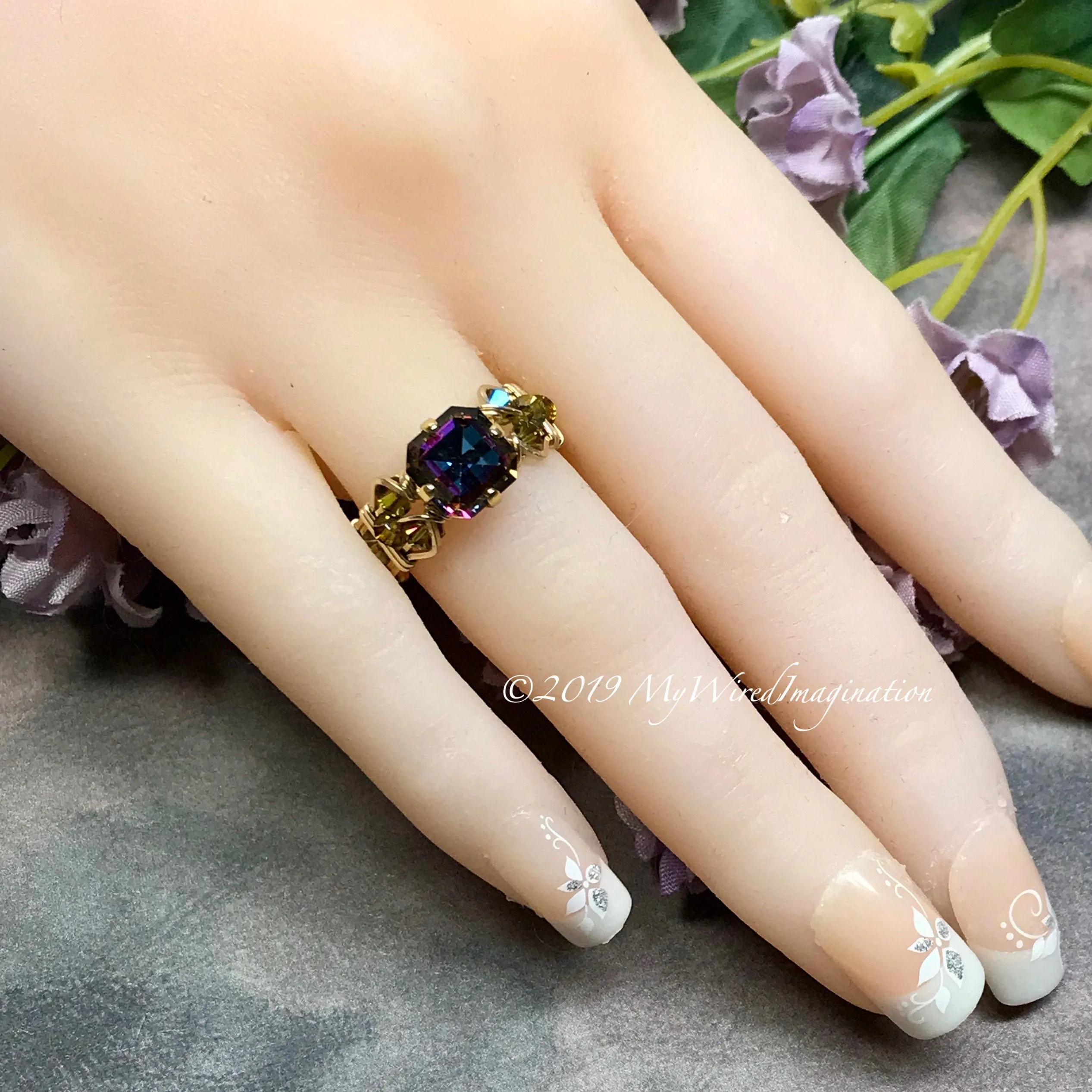 Vitrail Dark Handmade Ring, Rare Vintage Double Cut Square 14K GF, US Size 5