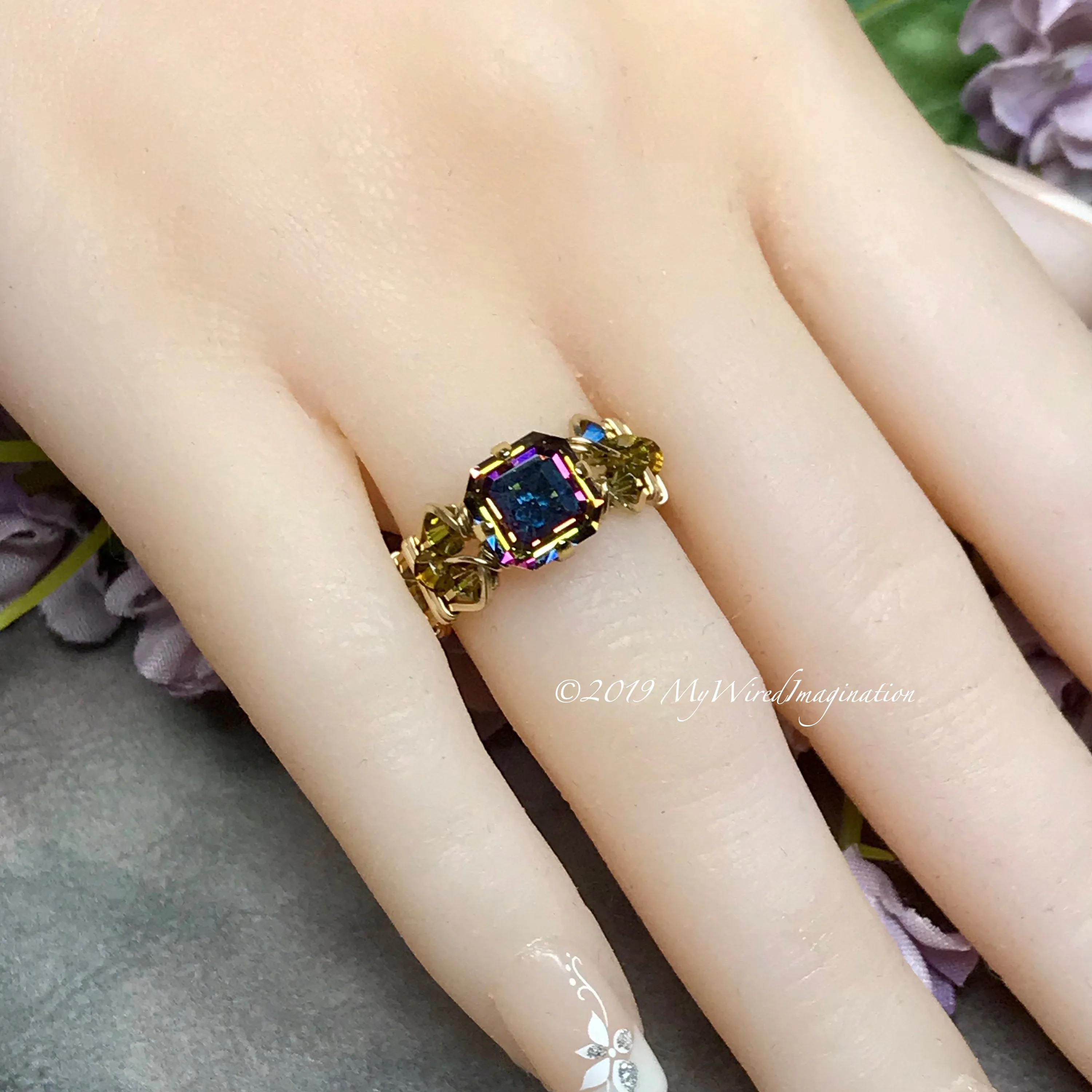 Vitrail Dark Handmade Ring, Rare Vintage Double Cut Square 14K GF, US Size 5