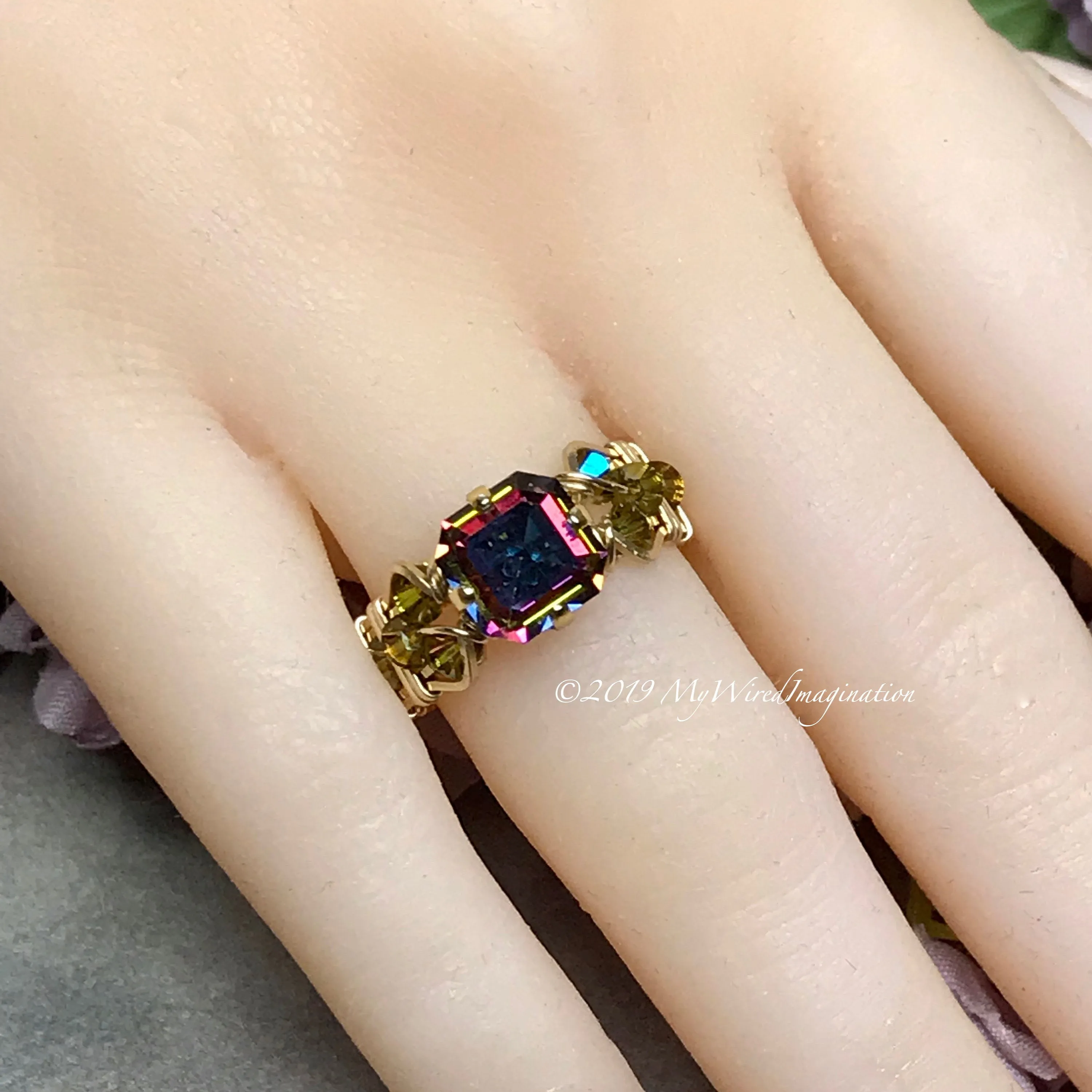 Vitrail Dark Handmade Ring, Rare Vintage Double Cut Square 14K GF, US Size 5
