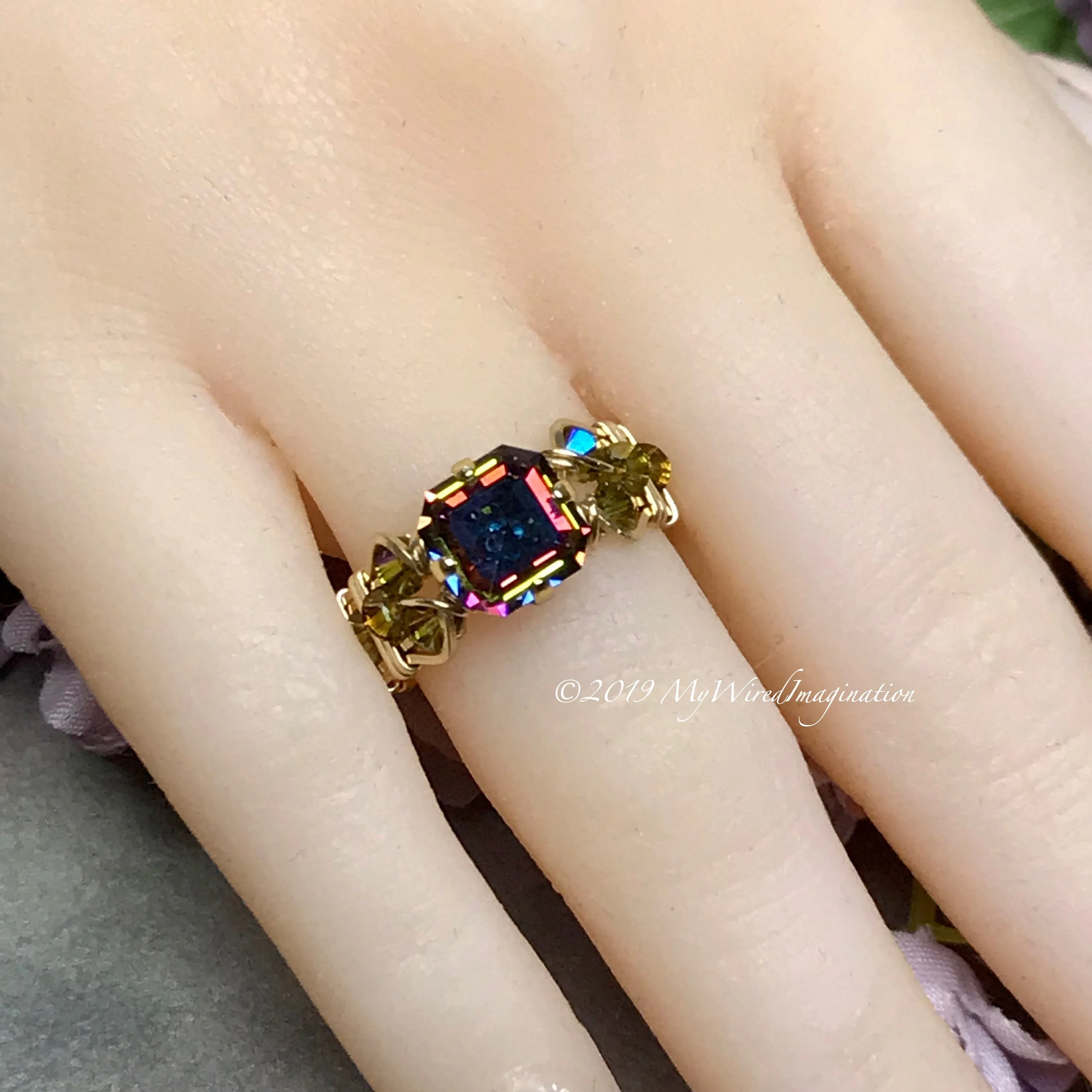 Vitrail Dark Handmade Ring, Rare Vintage Double Cut Square 14K GF, US Size 5