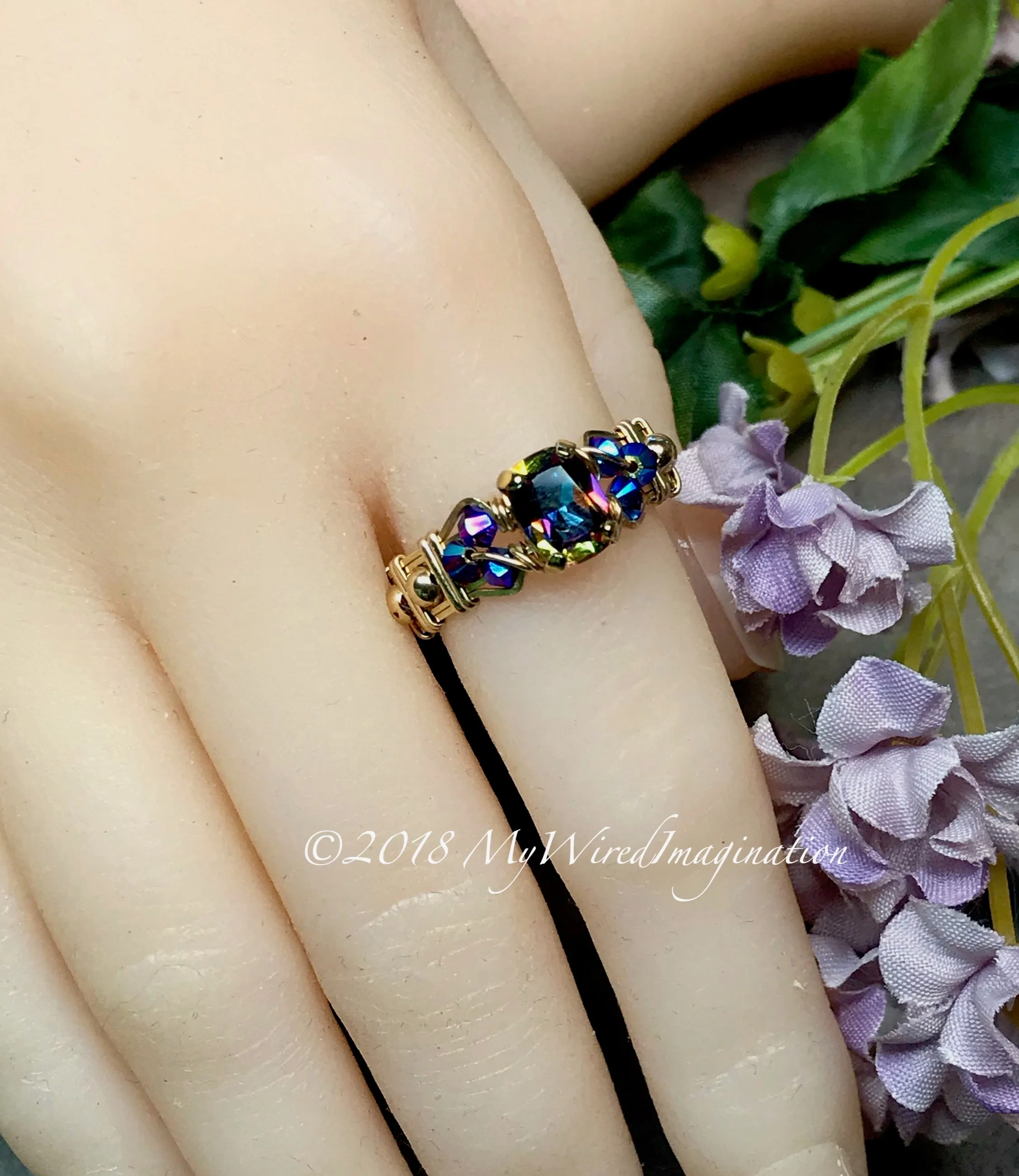 Vitrail Dark, Vintage Swarovski Crystal, Handmade Ring in 14k GF US Size 7.5