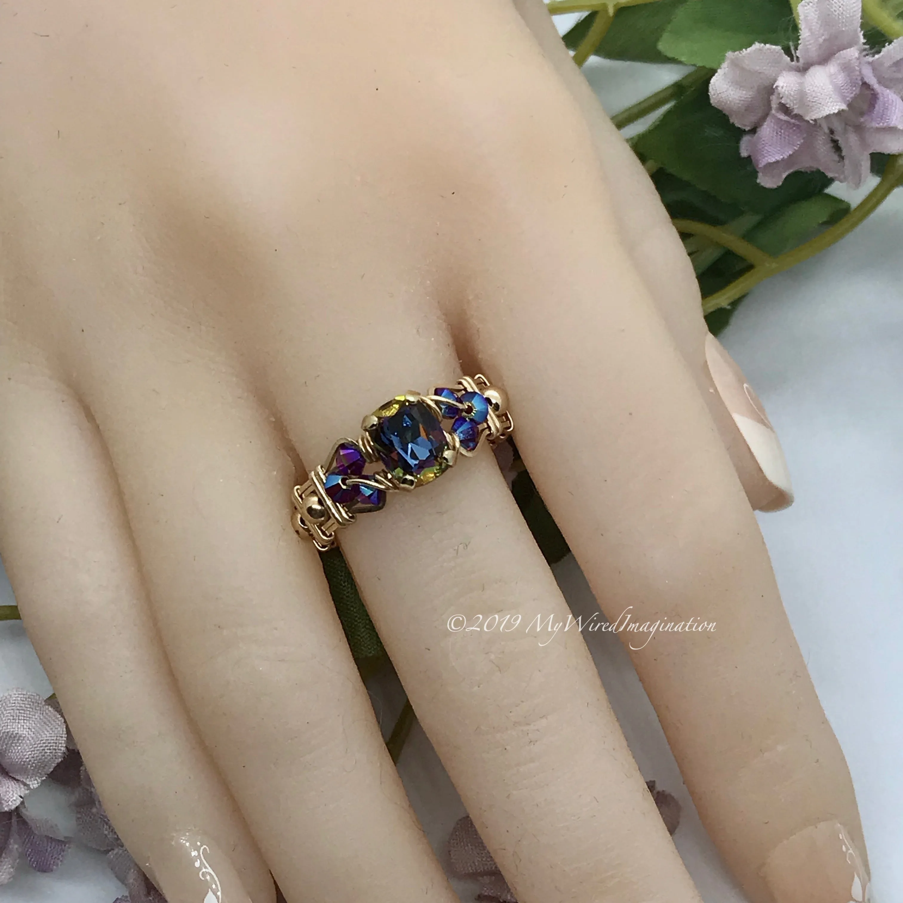 Vitrail Dark, Vintage Swarovski Crystal, Handmade Ring in 14k GF US Size 7.5