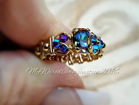 Vitrail Dark, Vintage Swarovski Crystal, Handmade Ring in 14k GF US Size 7.5