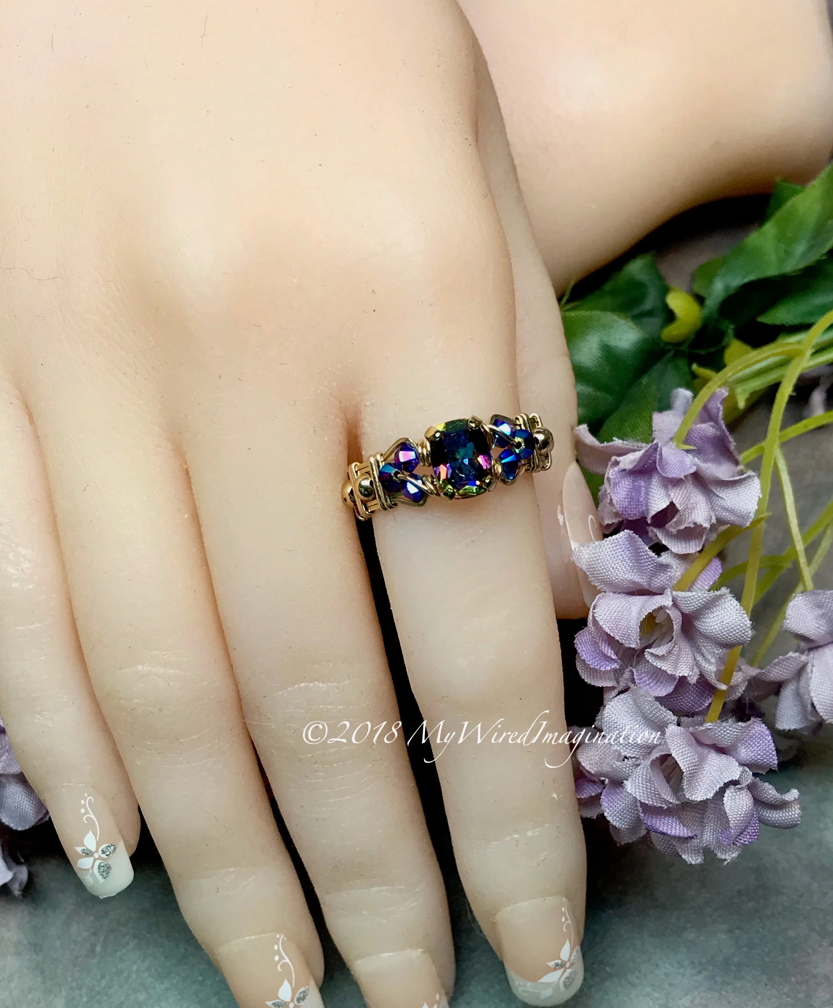 Vitrail Dark, Vintage Swarovski Crystal, Handmade Ring in 14k GF US Size 7.5
