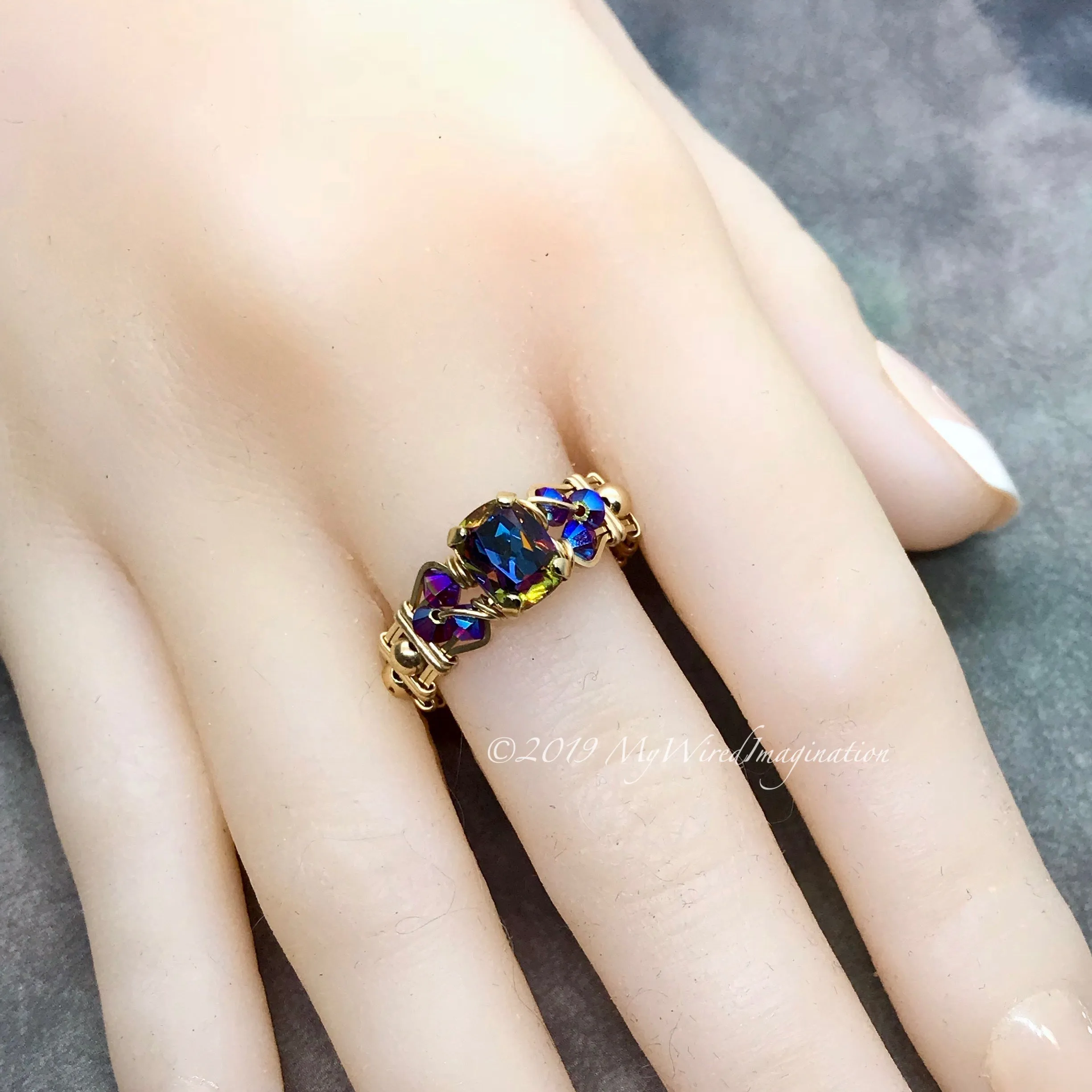Vitrail Dark, Vintage Swarovski Crystal, Handmade Ring in 14k GF US Size 7.5