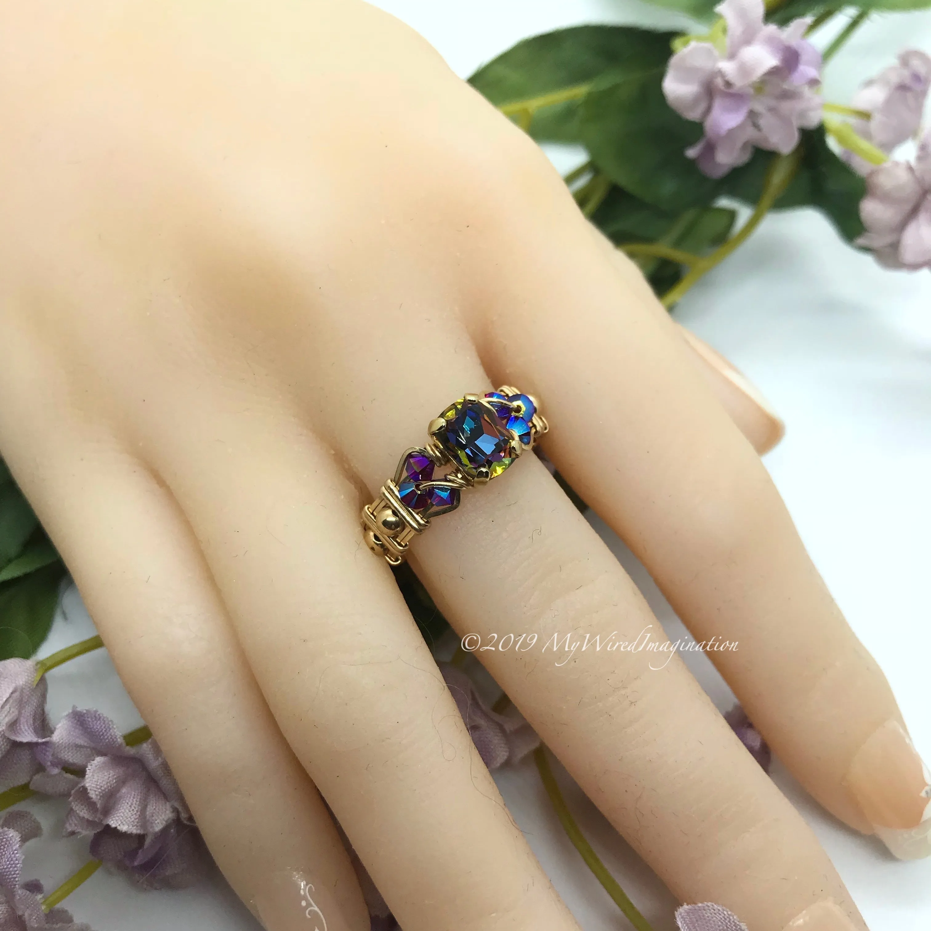 Vitrail Dark, Vintage Swarovski Crystal, Handmade Ring in 14k GF US Size 7.5