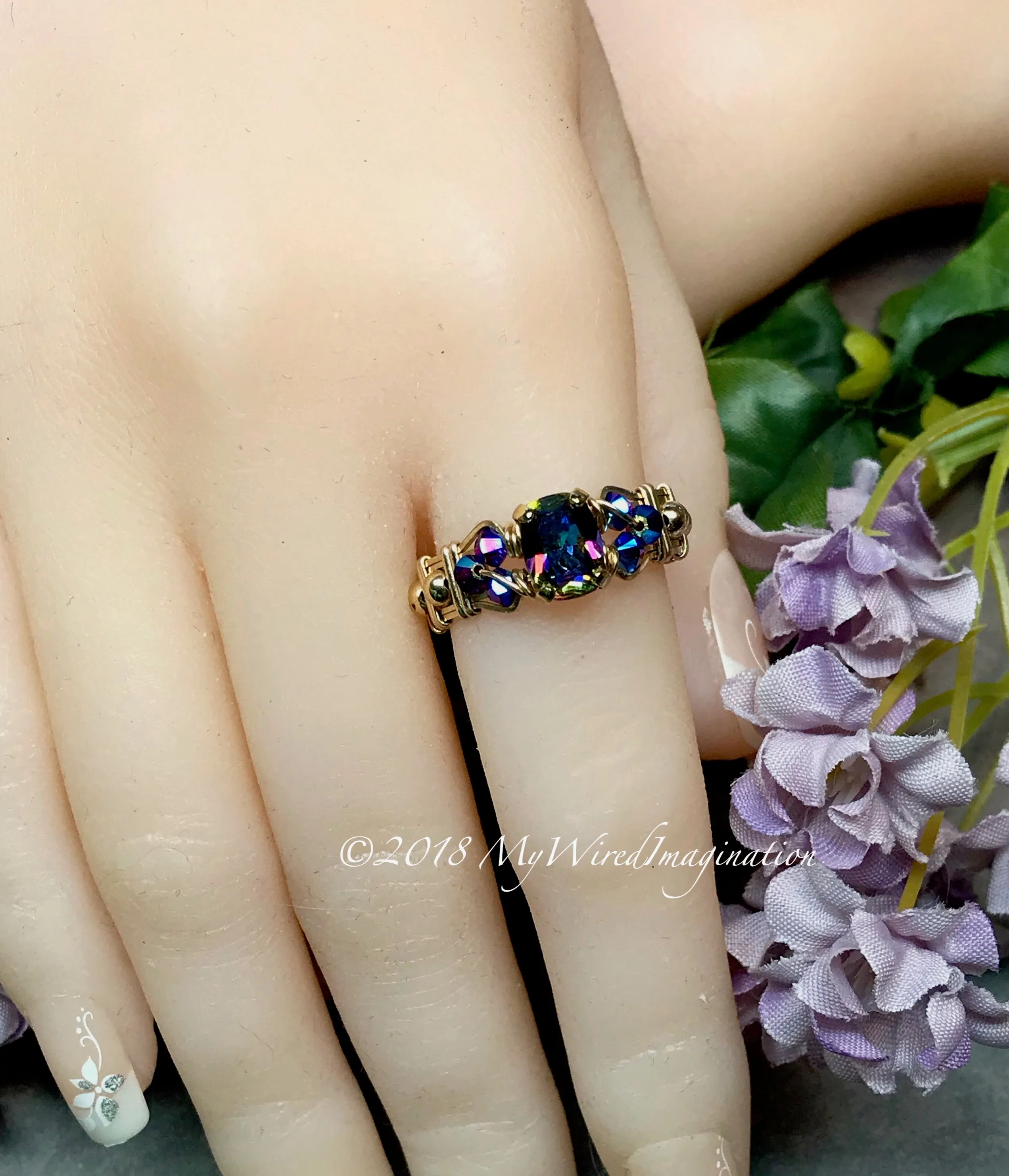 Vitrail Dark, Vintage Swarovski Crystal, Handmade Ring in 14k GF US Size 7.5