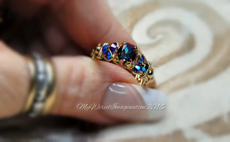 Vitrail Dark, Vintage Swarovski Crystal, Handmade Ring in 14k GF US Size 7.5