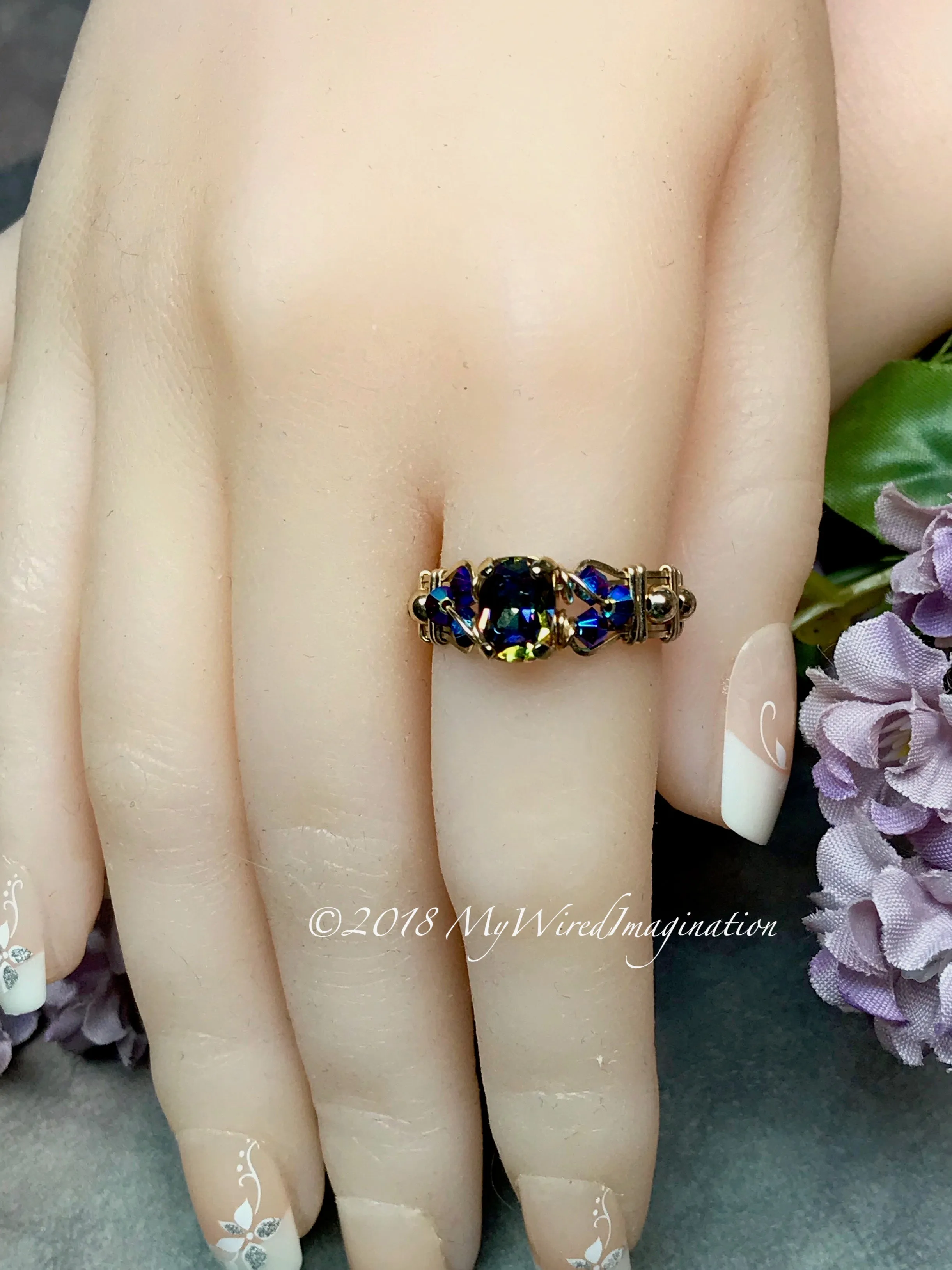 Vitrail Dark, Vintage Swarovski Crystal, Handmade Ring in 14k GF US Size 7.5
