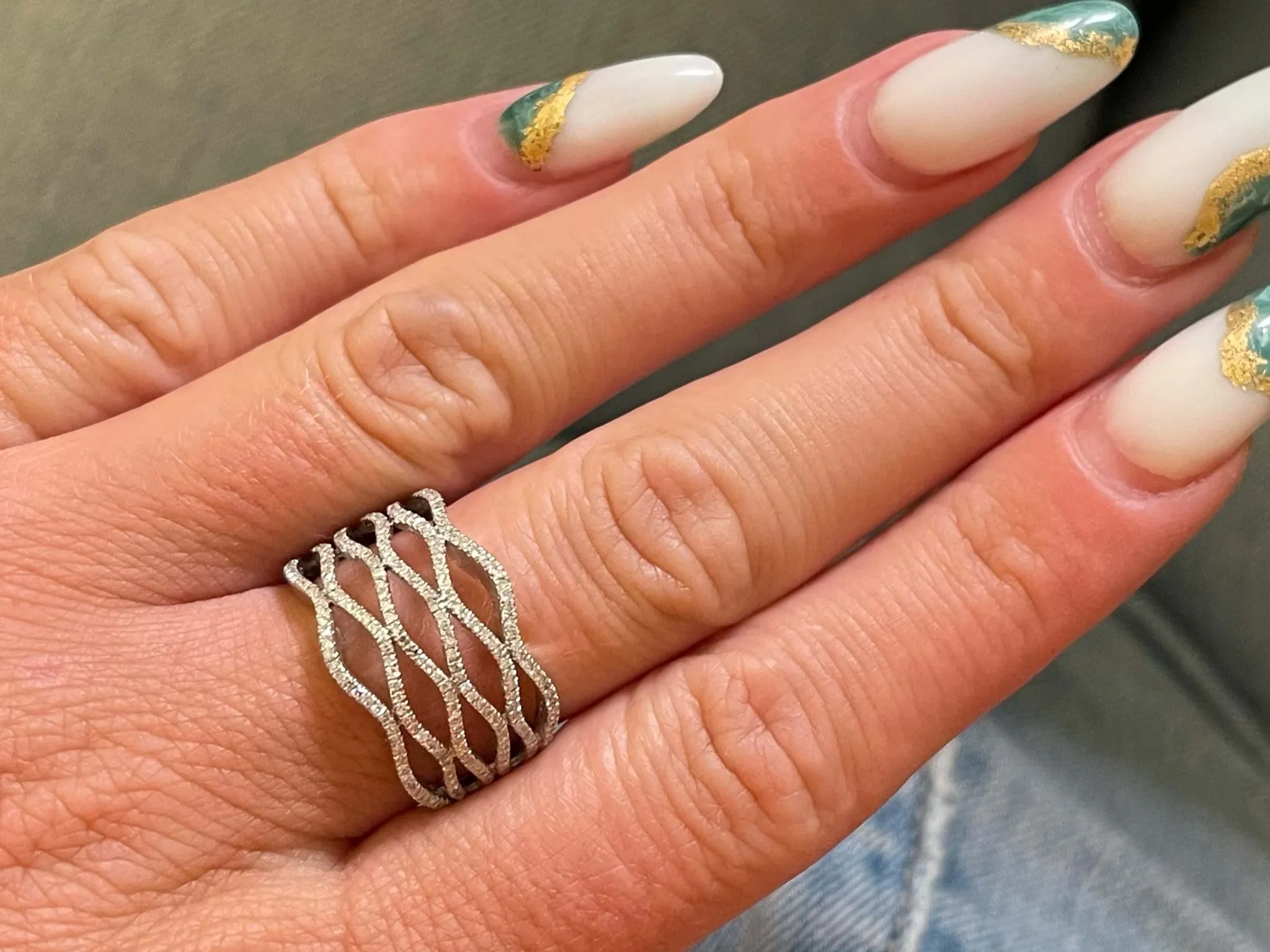 Wavy Multi Row Diamond Ring 14k White Gold