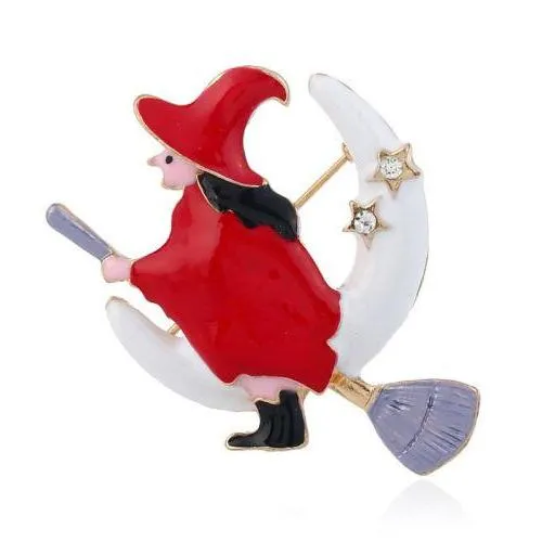 Witch Flying Over Moon Brooch Pin