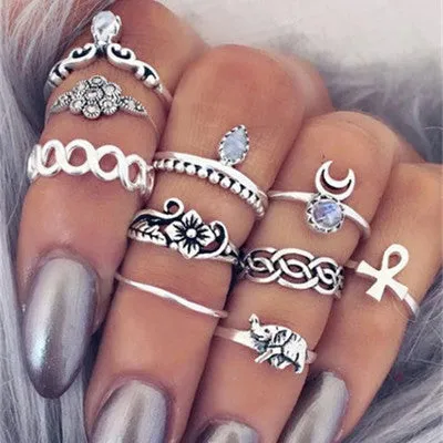 WLP 4-11pcs 2018 Boho Retro Elephant Snake Blue gem Rings Lucky Stackable Midi Rings Set of Rings for Women Party