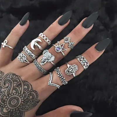 WLP 4-11pcs 2018 Boho Retro Elephant Snake Blue gem Rings Lucky Stackable Midi Rings Set of Rings for Women Party
