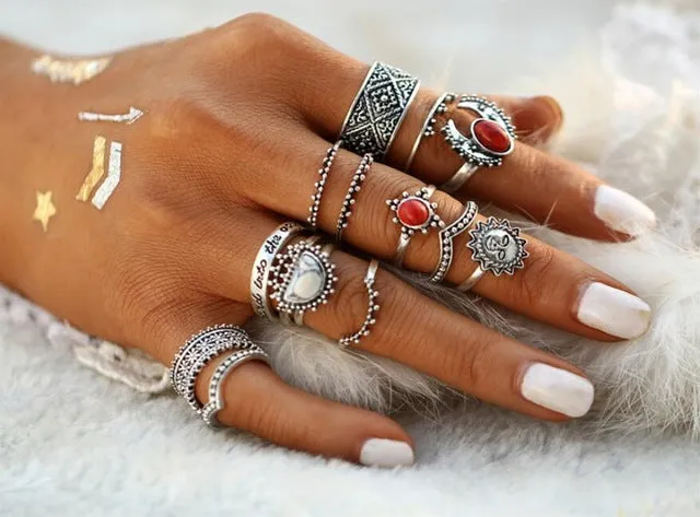 WLP 4-11pcs 2018 Boho Retro Elephant Snake Blue gem Rings Lucky Stackable Midi Rings Set of Rings for Women Party
