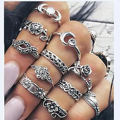 WLP 4-11pcs 2018 Boho Retro Elephant Snake Blue gem Rings Lucky Stackable Midi Rings Set of Rings for Women Party
