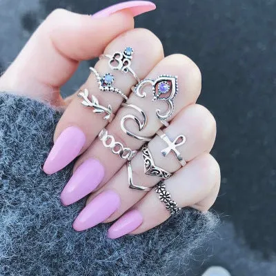 WLP 4-11pcs 2018 Boho Retro Elephant Snake Blue gem Rings Lucky Stackable Midi Rings Set of Rings for Women Party