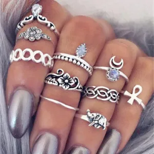 WLP 4-11pcs 2018 Boho Retro Elephant Snake Blue gem Rings Lucky Stackable Midi Rings Set of Rings for Women Party