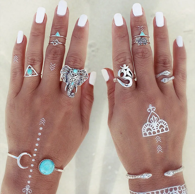 WLP 4-11pcs 2018 Boho Retro Elephant Snake Blue gem Rings Lucky Stackable Midi Rings Set of Rings for Women Party