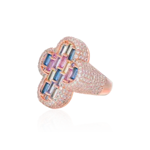 Women's Iced Vitraux Vintage Rose Window Cross Ring
