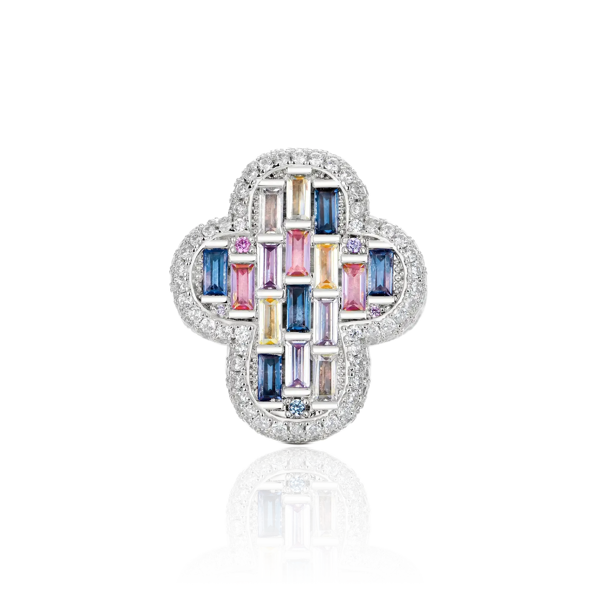 Women's Iced Vitraux Vintage Rose Window Cross Ring