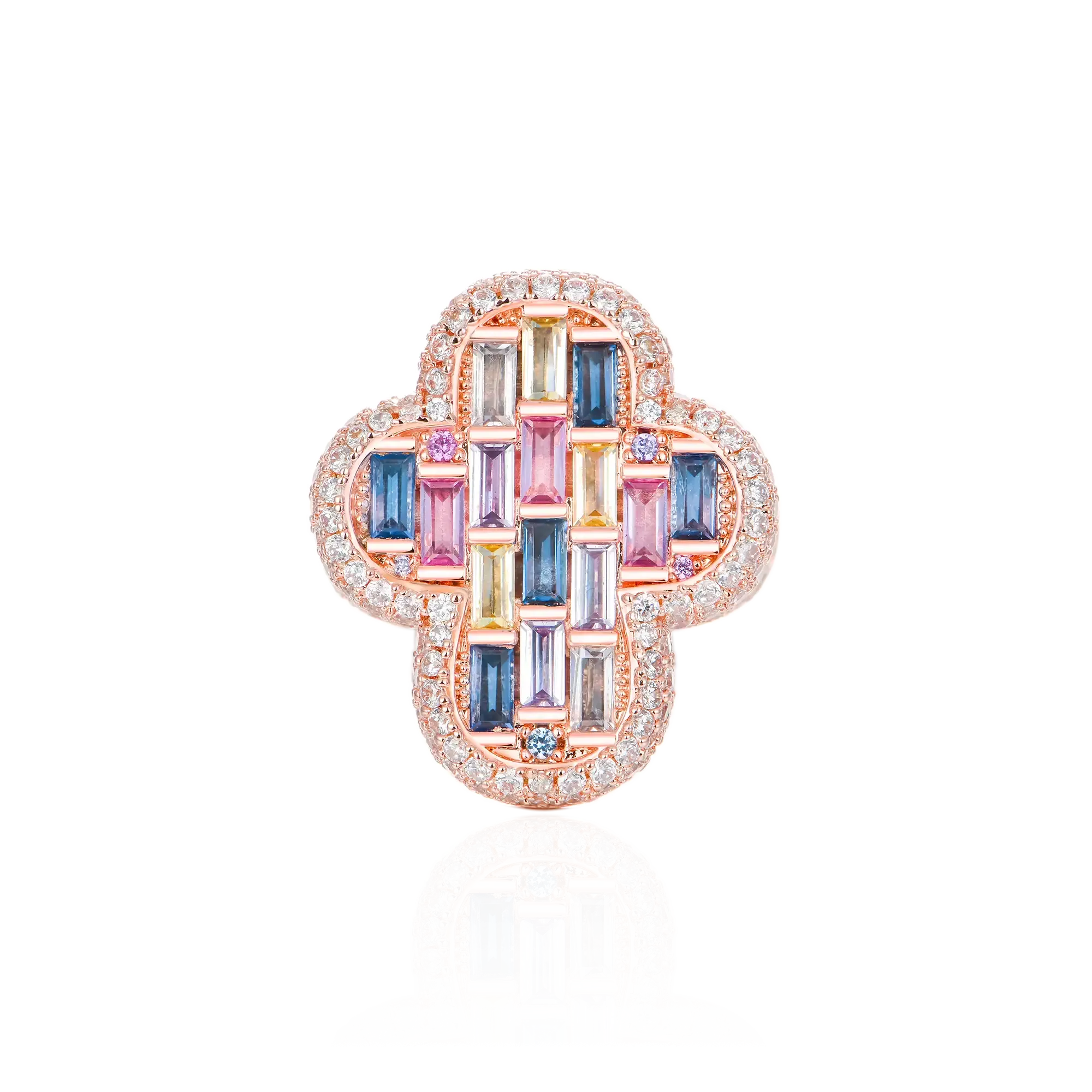 Women's Iced Vitraux Vintage Rose Window Cross Ring