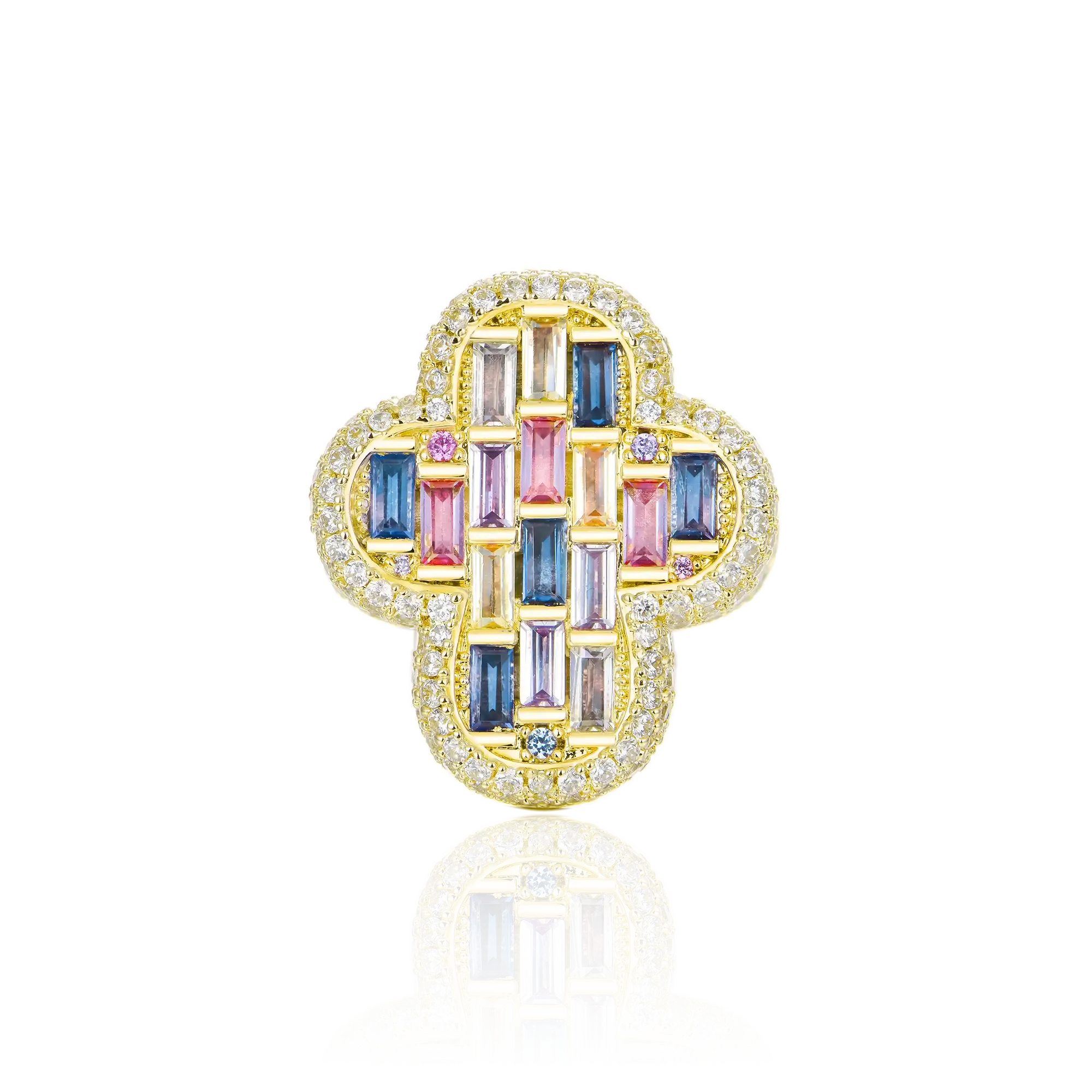 Women's Iced Vitraux Vintage Rose Window Cross Ring