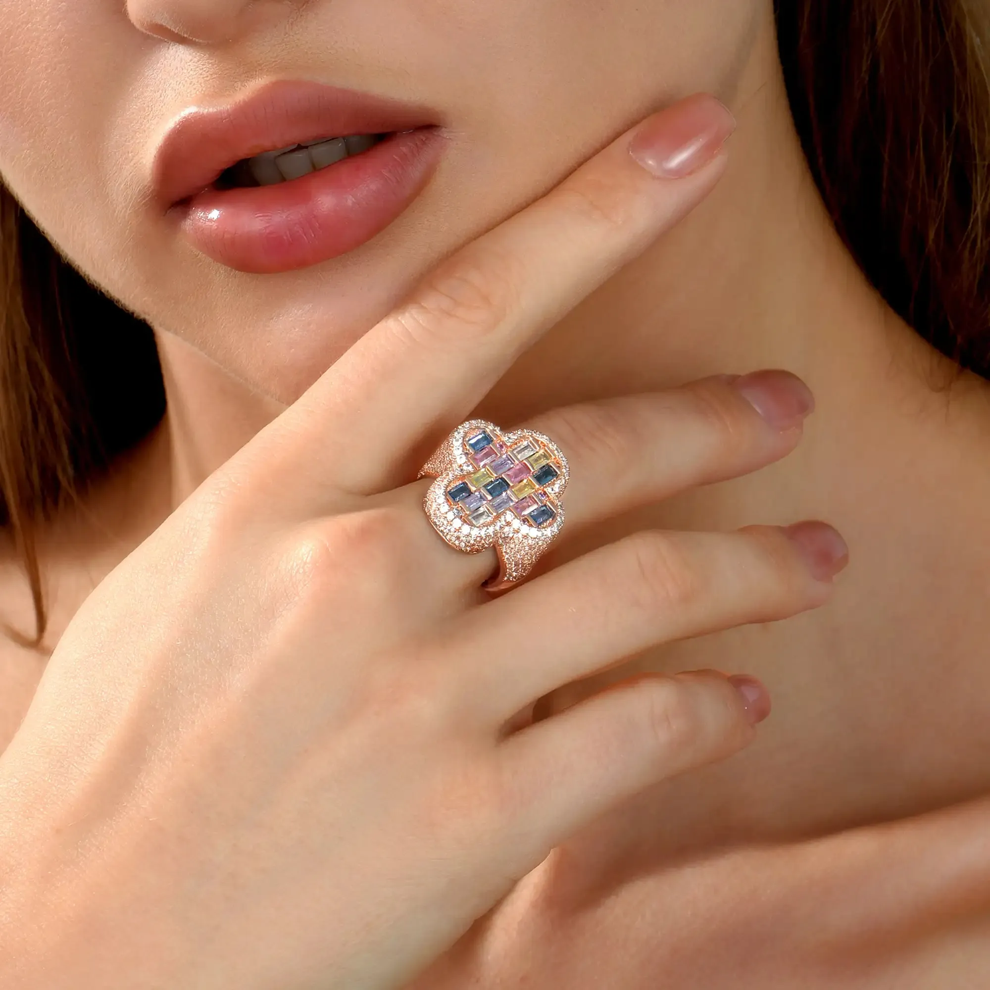 Women's Iced Vitraux Vintage Rose Window Cross Ring