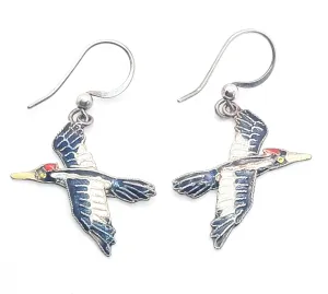 Woodpecker Cloisonne black and white bird enamel sterling silver drop earrings