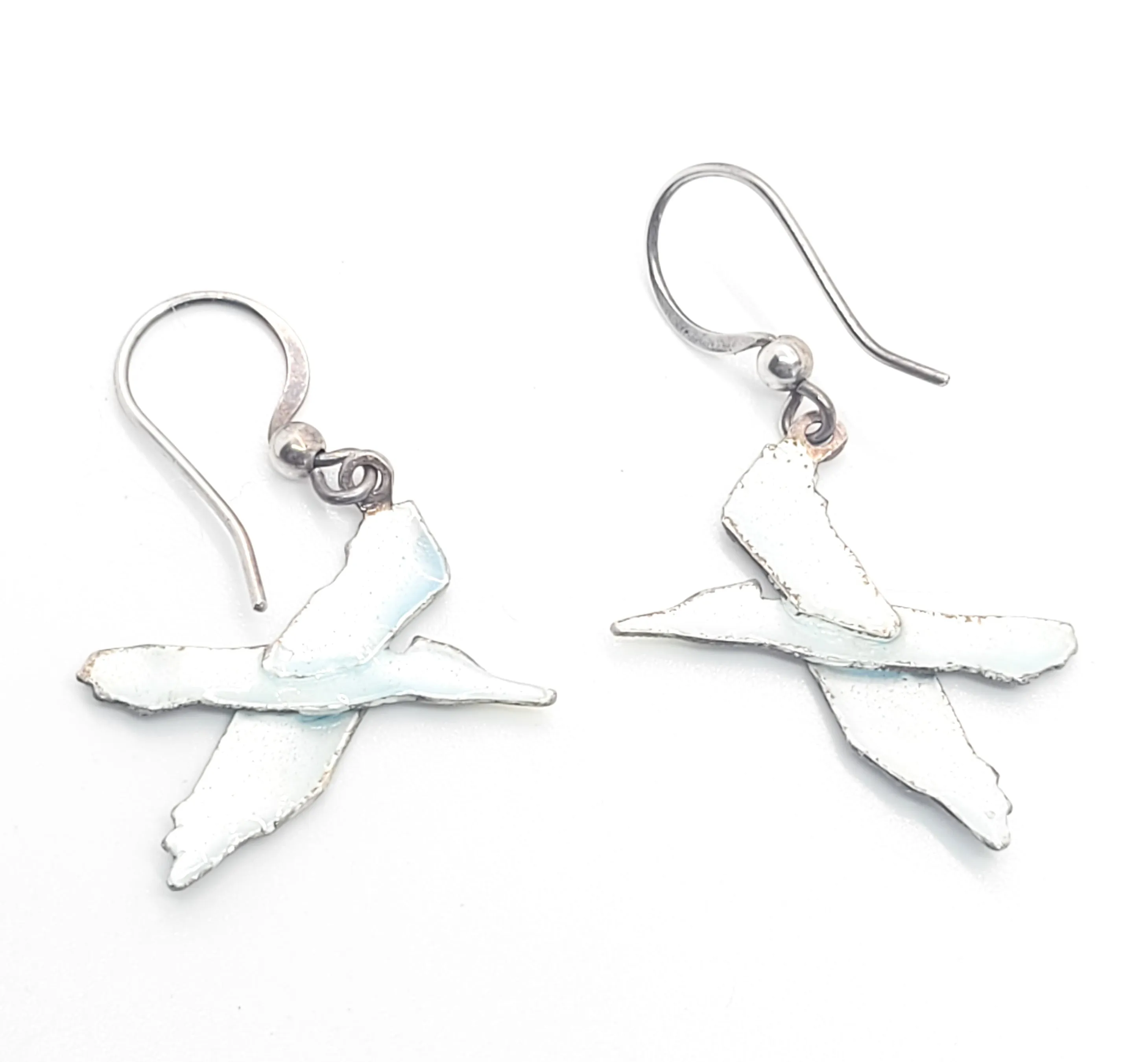 Woodpecker Cloisonne black and white bird enamel sterling silver drop earrings