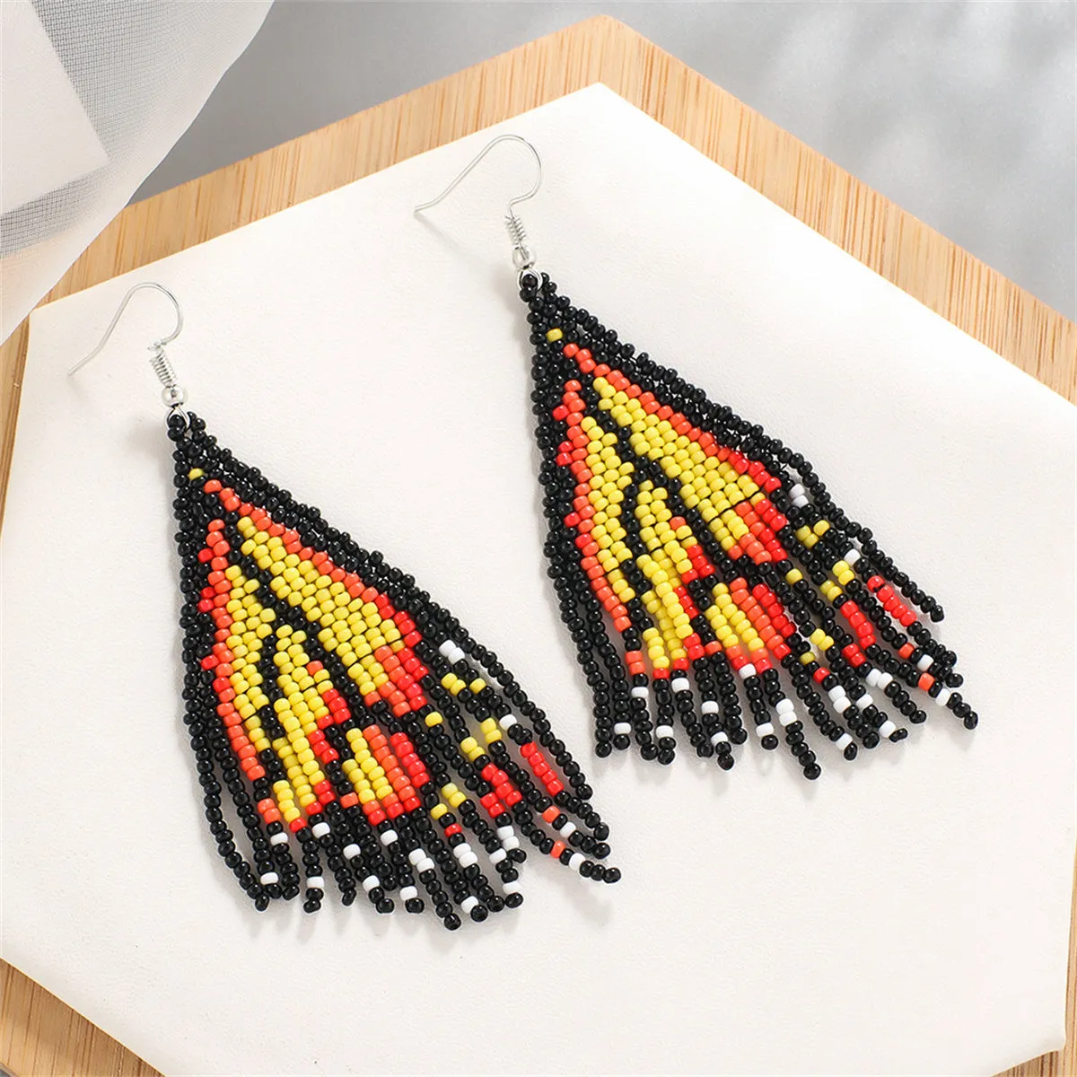 Yellow & Black Howlite Butterfly Tassel Drop Earrings