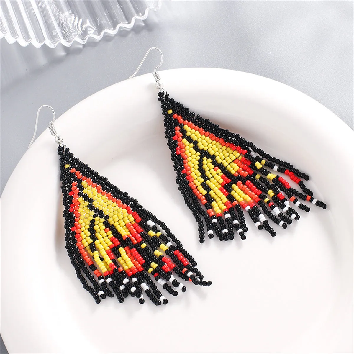 Yellow & Black Howlite Butterfly Tassel Drop Earrings