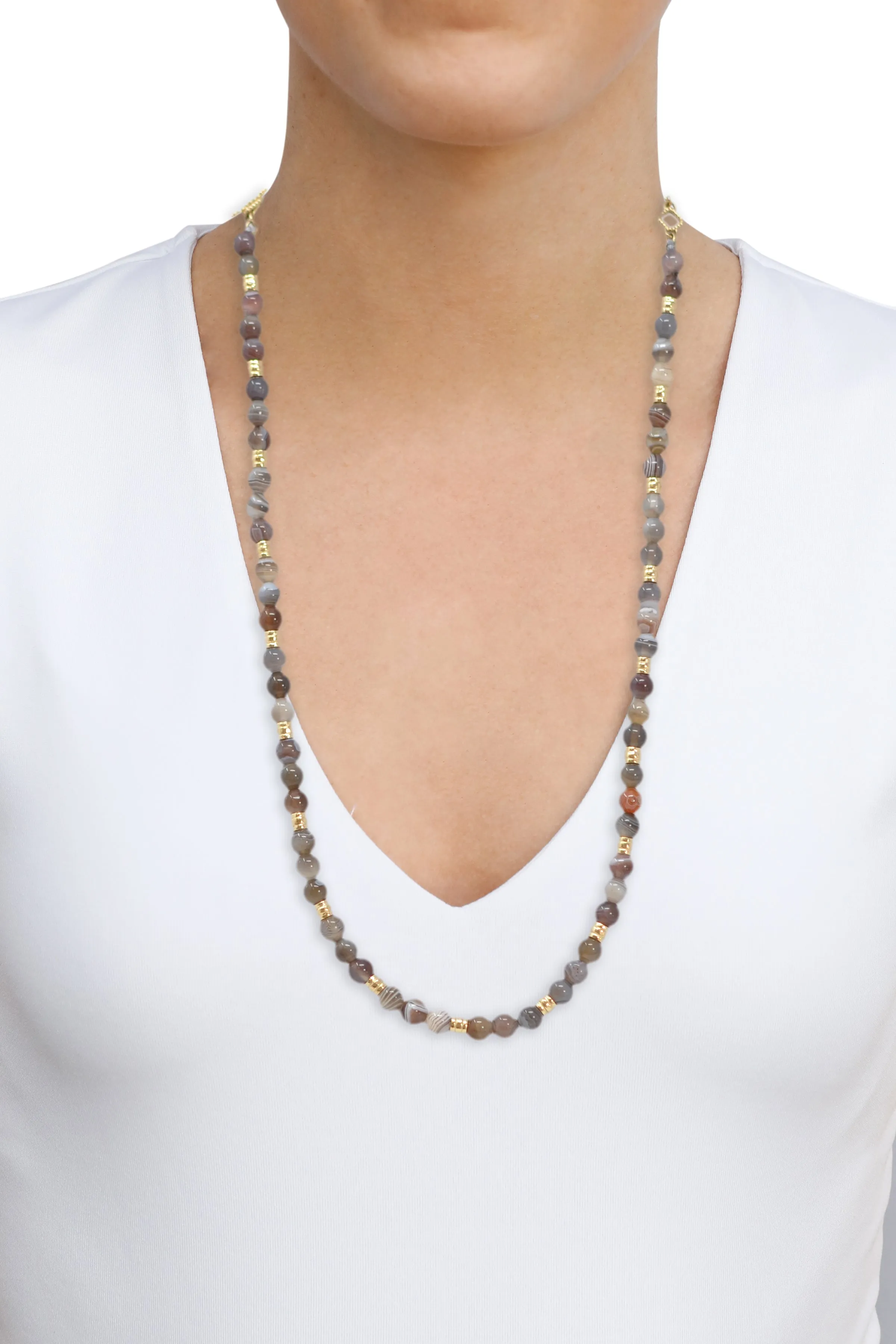 Yellow Gold Botswana Agate Beaded Necklace